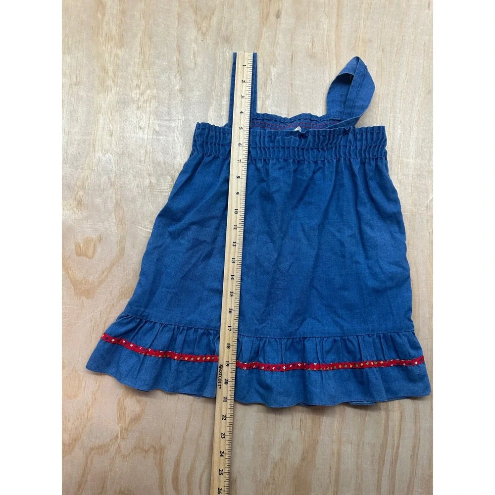 Vintage Girls Blue Chambray Denim Pinafore‎ Dress Ruffle Hem Floral Trim Bow 4T